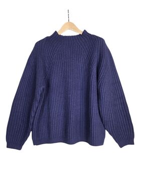 Vintage Ports International Handknit Wool Navy Ribbed Funnel Neck Sweater
